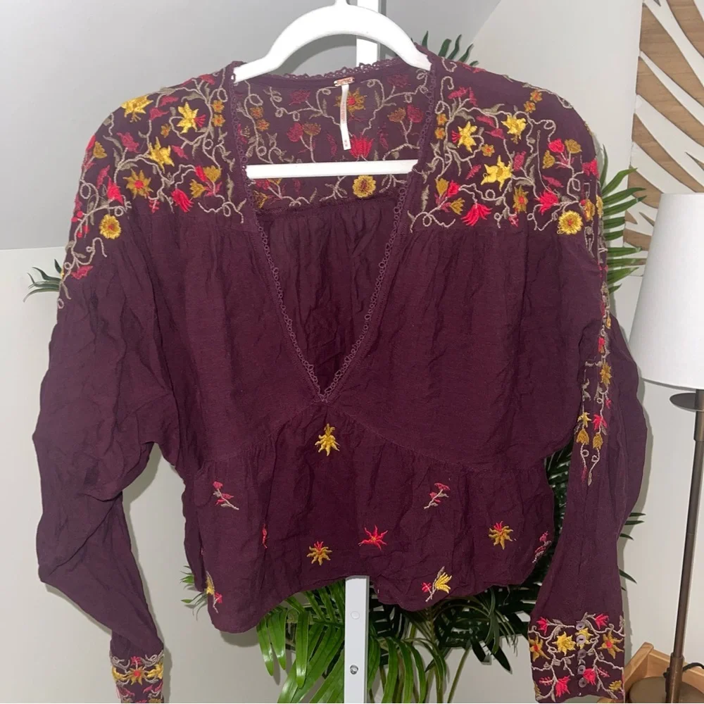 Free‎ People Ava Embroidered V-Neck Pullover Top M